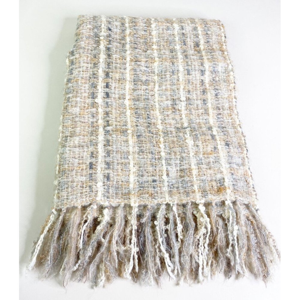 Churchill Handwoven Wool Blend Throw Scarf W/Fringe Neutral Colors (74"x25) EUC